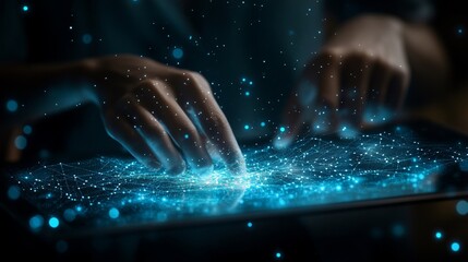 Wall Mural - hands interacting with holographic data on a tablet in a dark room