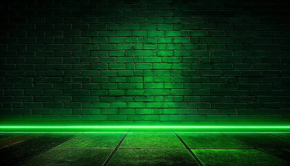 green neon light on a brick wall at night