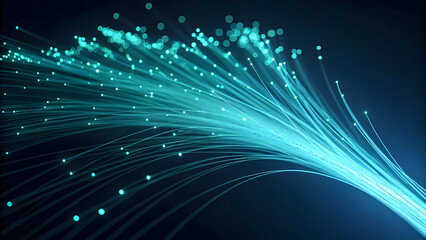 Wall Mural - bundle of glowing cyan fiber optic strands against a dark background technology communication new la