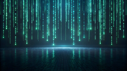 Wall Mural - digital matrix code falling in futuristic cyberpunk environment with reflective technology new lates