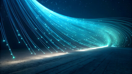 Wall Mural - flowing blue fiber optic strands with glowing light particles technology data background new latest 