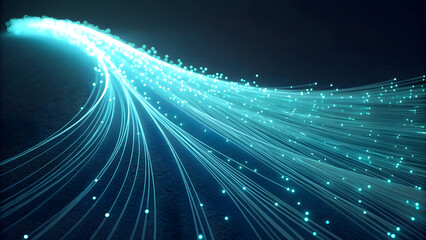 Wall Mural - glowing blue fiber optic strands converging with light particles on dark technology new latest web a