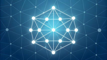 Wall Mural - glowing white geometric network structure with interconnected nodes on a blue technology new latest 