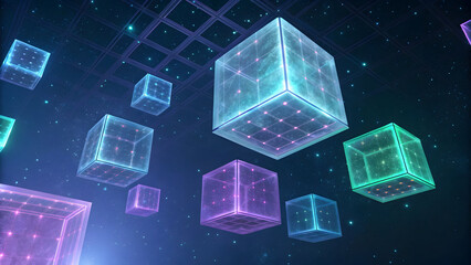 Wall Mural - transparent luminous cubes floating in a digital space image photo technology background new latest 