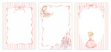 Pink dreams. Watercolor hand-drawn clip art with frames. For little princess with pink striped, fairy castle, princess, ribbons and bow. Template card for design girls's parties and nursery.