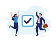 © hudhi - Joyful business people celebrate a completed task, jumping next to a large checkmark icon.