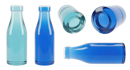 Rendered blue and turquoise glass bottles and glasses isolated on white showcasing refreshment for use in beverage designs and concepts