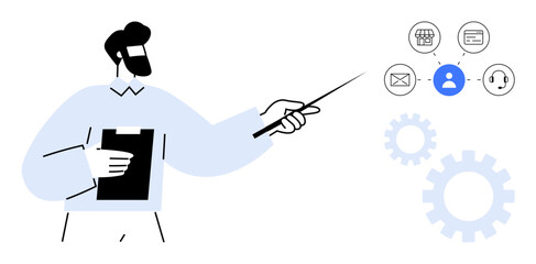 Wall Mural - presenter with clipboard pointing at visual representation of communication tools email, user profil