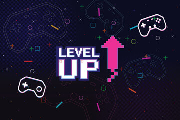 Wall Mural - level up icon pixel art. 8 bit game. retro game. retro futurism sci-fi background. glowing neon grid