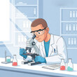 © ikhsan - A male scientist wearing a lab coat and goggles conducts research using a microscope in a laboratory.