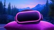 © Gefo - Futuristic virtual reality headset resting on a vibrant pink pillow in a serene mountain landscape at dusk.