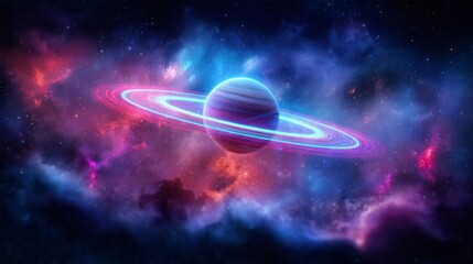 a vibrant artistic depiction of outer space featuring a glowing ringed planet amidst colorful nebula