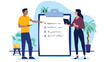 © Knut - Two business people checking off a to-do list or survey on a giant clipboard, discussing tasks and progress in an office setting, flat design vector illustration