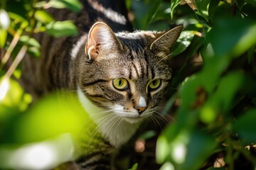 Wall Mural - A tabby cat with striking green eyes is peering attentively through lush green leaves, its face partially illuminated by sunlight in a natural outdoor setting