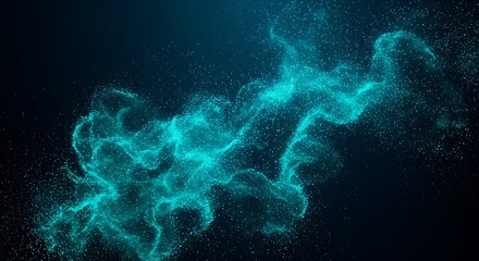 abstract swirling particles of teal light on a dark blue background