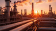 © Napat - Industrial landscape sunset pipes smokestacks refinery machinery energy production atmospheric perspective technology urban environment