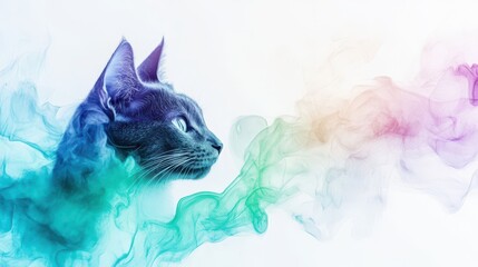 Wall Mural - mystical cat amidst a swirl of hues: a feline profile, enveloped by ethereal clouds of vibrant, mult