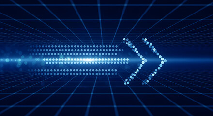 Wall Mural - abstract blue digital arrow moving right on a dark blue grid background with light effect illustrati