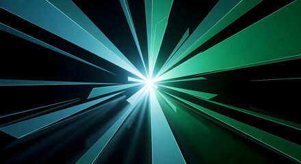 Wall Mural - abstract radial teal and green lines emanating from a central white light source with a geometric mo