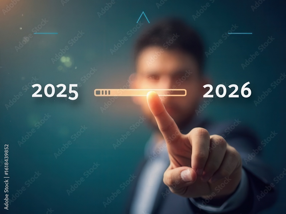 Progress and transition from 2025 to 2026 concept. A person pointing to ...