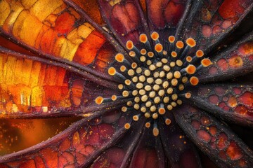 Wall Mural - Intricate close-up of a flower's center, showcasing vibrant colors and textures.