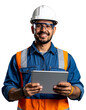 © Gmbr_bmny - Smiling engineer in a hard hat using a tablet on a white background