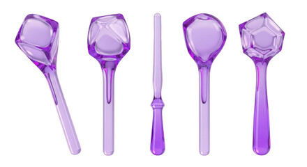 Purple spoons set isolated on white angled view showing unique designs and shapes perfect for culinary or decorative use
