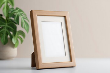 wooden photo frame mockup with plant on table minimalist style
