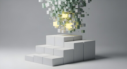 Wall Mural - floating mint green and yellow cubes above white stepped platform in a modern abstract geometric des