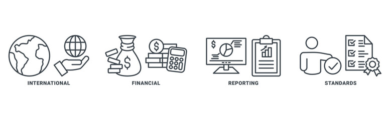 IFRS (international financial reporting standards) icon set vector concept with icon of global, network, economy, money, documents