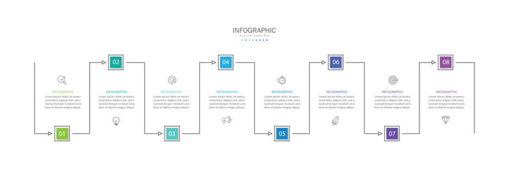 Wall Mural - Infographic line curve. Timeline 8 Key Points. Business Presentation , Report, Marketing, Timeline and Planning. Vector Illustration.