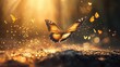 © Mariquita vector - Majestic golden butterflies fluttering in a sunlit forest with a blurred background creating a magical atmosphere