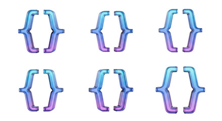 Six 3D rendered multi-colored curly braces arranged on a white background suitable for coding design or illustrating concepts
