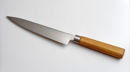 High-angle, close-up of a kitchen knife.  Stainless steel blade with a wooden handle.  Clean white background