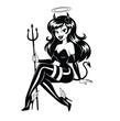 © mehedizisan - Sexy devil angel pin-up girl cartoon vector illustration. Retro character with horns, halo, and pitchfork. Good versus evil concept for tattoo or sticker design