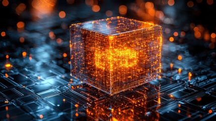 Artistic abstract visualization of a quantum processor showcasing 10,000 entangled qubits in a glowing lattice inside a transparent cube