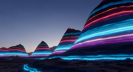 Wall Mural - pixelated mountains under twilight sky with glowing blue pink and red stripes digital art scene abst