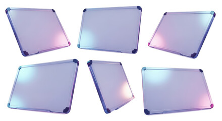Transparent empty whiteboards in multiple angles floating in a studio with colorful gradient light in the background for presentations or design