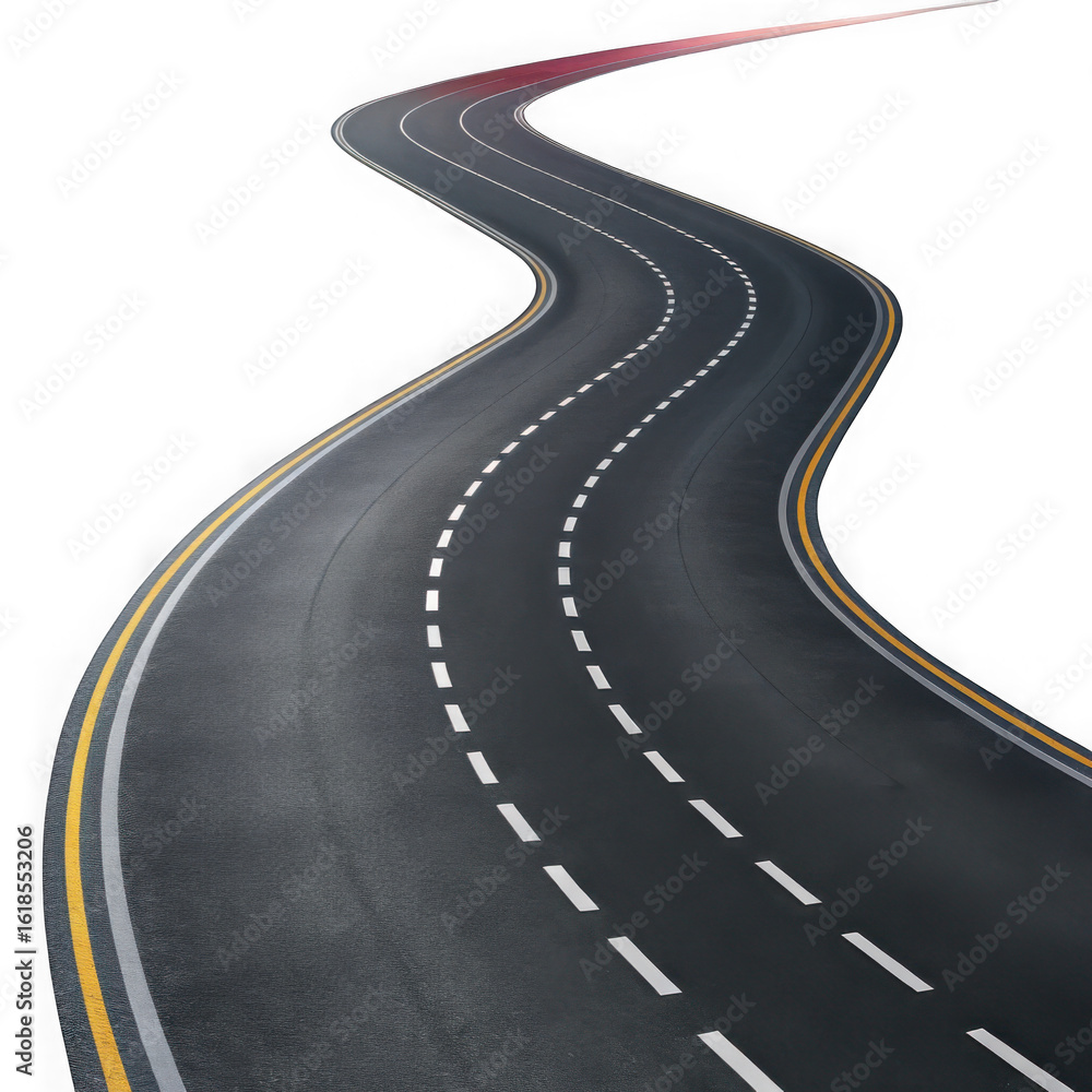 Winding asphalt road with white dashed lines isolated on transparent ...