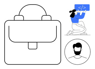 Wall Mural - backpack icon, woman coding on laptop, and male portrait outline. ideal for technology, education, t