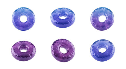 Colorful donut-shaped objects in various hues arranged on a plain white backdrop potentially for illustrative purposes
