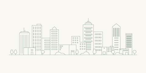 Wall Mural - Cityscape. Modern flat line landscape vector. City landscape line art illustration with building, tower, skyscrapers. Vector illustration.