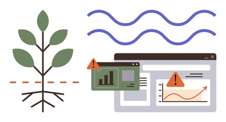Green plant with visible roots, graphs on screens, and alert icons. Ideal for sustainability, environment, data, growth, analysis technology risk representation. Simple flat metaphor