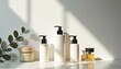 © Stanislav - Minimalist skincare products with an elegant and simple mood for beauty and self-care against a brightly lit background with copy space
