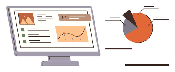 Desktop monitor showing charts, graphs, and reports alongside a pie chart. Ideal for business, data analysis, technology, presentations, office tasks, project management simple flat metaphor