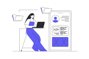 app development concept. woman develops mobile app interface and works with code, tests and optimize