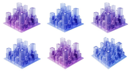 Isometric translucent skyscrapers on white background various angles illustrating data networks or architectural design concepts