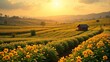 © Artist FS - Tuscan landscape at sunrise with a huge harvest land, green hills, and a cloudy sky