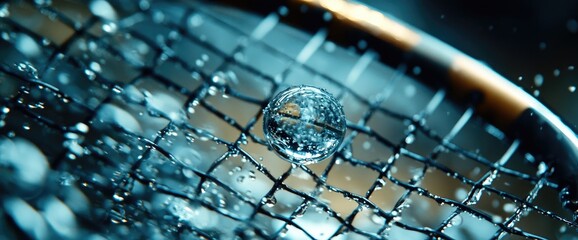 Tennis racket net water droplet closeup