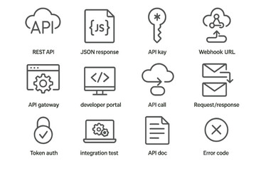 Api development icons: integration, json, key, webhook, cloud